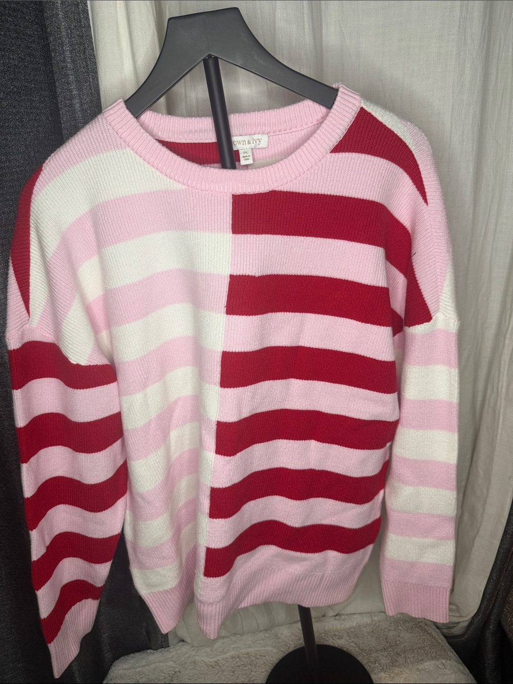 crown & ivy Pink, Red and White Striped Crewneck Sweater